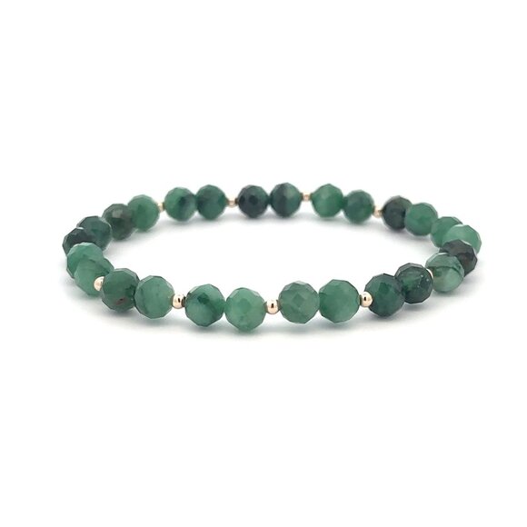 Emerald Micro Faceted Gemstone Beaded Stretch Bracelet 14K Gold Accent Beads - Picture 4 of 8